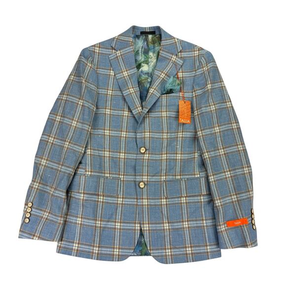 Tallia Mens Slim Fit Wool Blend Plaid Sport Coat Blue Gold 36R - Picture 1 of 5